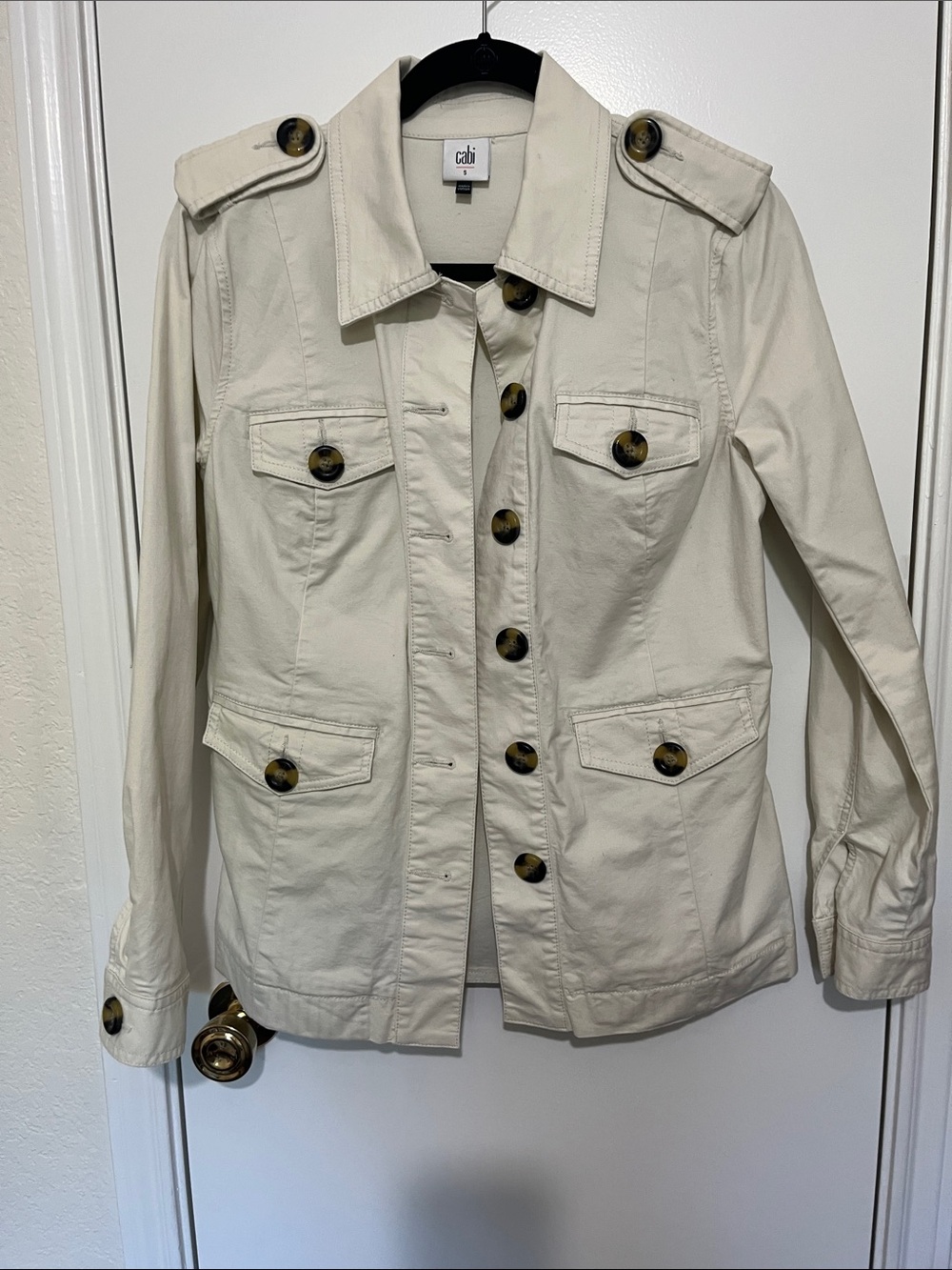 CAbi Cream Utility Jacket with Tortoiseshell Buttons, Small, Safari style